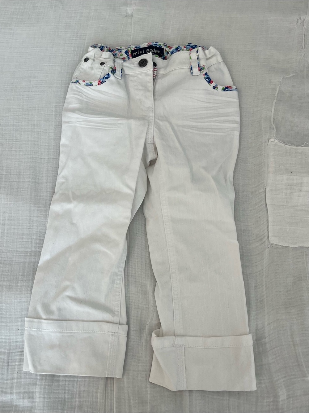 Mini Boden White Pants with Blue and Pink Floral Trim